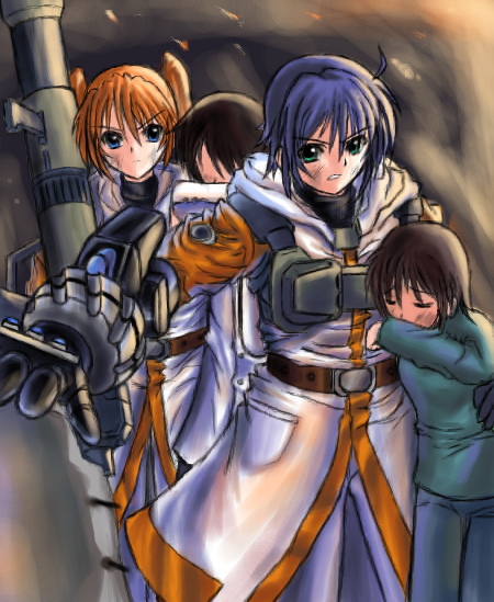 revolver knuckle, subaru nakajima, teana lanster, lyrical nanoha, mahou shoujo lyrical nanoha, mahou shoujo lyrical nanoha strikers, 00s, 1boy, 3girls, belt, black gloves, blue eyes, blue hair, buckle, clenched teeth, closed eyes, coat, denim, gauntlets, gloves, green eyes, hug, injury, jeans, long sleeves, looking at viewer, multiple girls, orange hair, pants, short hair, standing, sweater, teeth, twintails