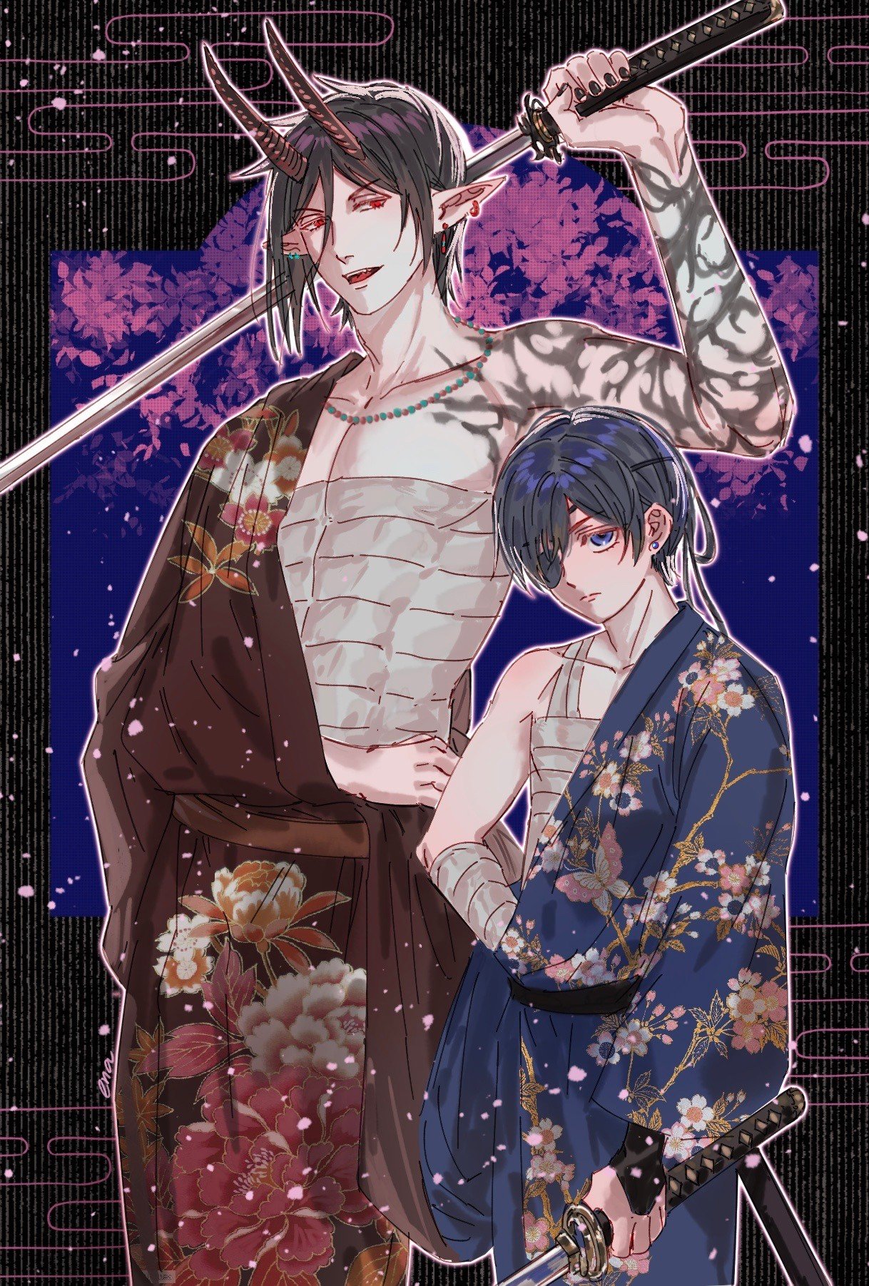 ena33333333, ciel phantomhive, sebastian michaelis, kuroshitsuji, highres, 2boys, bandaged chest, demon boy, demon horns, earrings, eyepatch, holding, holding sword, holding weapon, horns, japanese clothes, jewelry, katana, kimono, male focus, multiple boys, necklace, pointy ears, sword, weapon