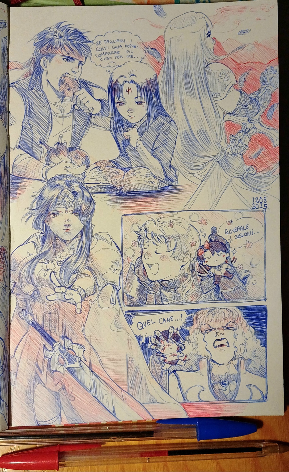 altina (fire emblem), elincia ridell crimea, elincia ridell crimea (undaunted queen), ike (fire emblem), levail (fire emblem), soren (fire emblem), zelgius (fire emblem), fire emblem, fire emblem: radiant dawn, nintendo, alt text, ballpoint pen (medium), commentary, english commentary, highres, pen (medium), photo (medium), traditional media, translated, 2girls, 4boys, armor, book, character doll, dated, doll, eating, facial mark, feathers, food, forehead mark, headband, holding, holding food, italian text, long hair, meat, multiple boys, multiple girls, poppy cornali, reading, short hair, sword, valtome, weapon