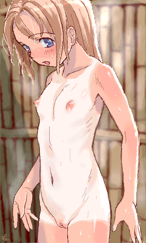 mu-pyon, original, lowres, 1girl, blonde hair, blue eyes, cleft of venus, female focus, flat chest, loli, nipples, nude, oekaki, one-piece tan, pussy, solo, tan, tanline, uncensored