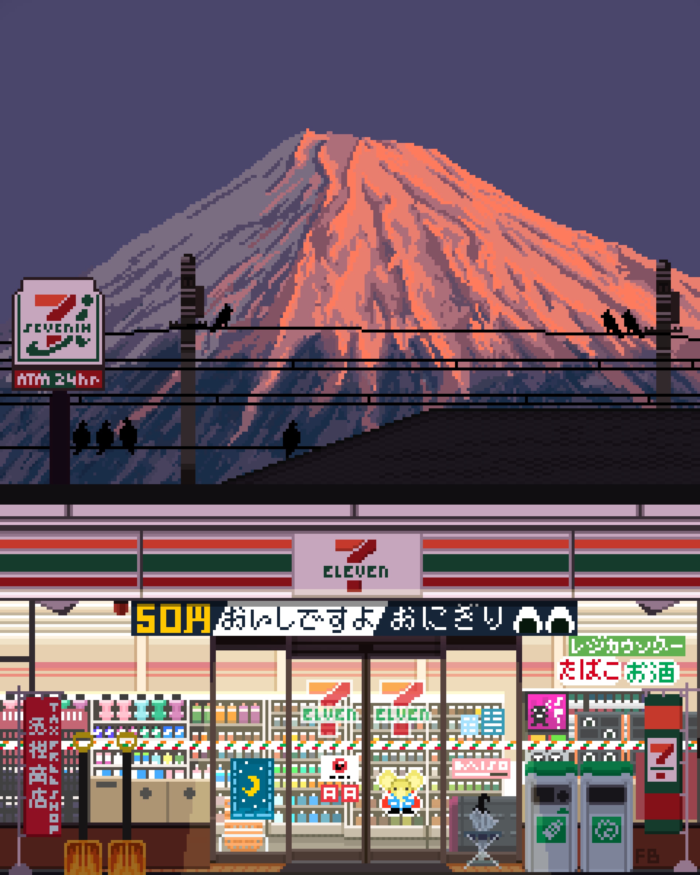 7-eleven, original, absurdres, commentary, english commentary, highres, bird, convenience store, evening, fatbeard, food, mount fuji, mountain, no humans, onigiri, pixel art, power lines, scenery, shop, shovel, sign, sky, snow shovel, trash can, umbrella