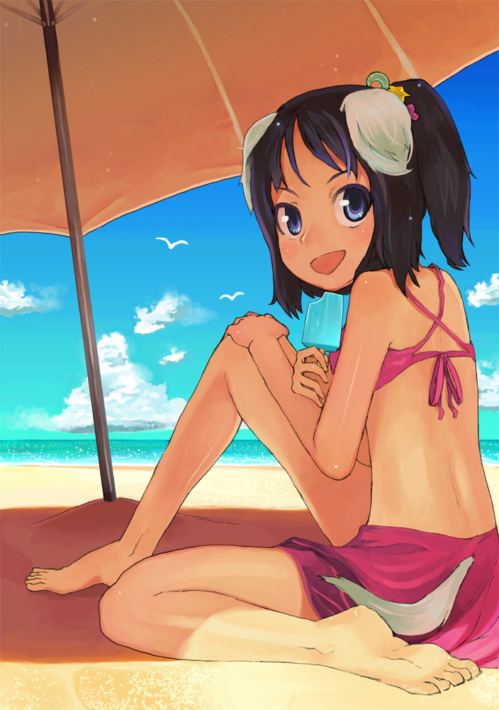 shuzoku fumei, 1girl, animal ears, beach, bikini, bird, black hair, blue eyes, cloud, day, dog ears, female focus, food, ice cream, outdoors, pink bikini, popsicle, sky, solo, swimsuit, tail, umbrella
