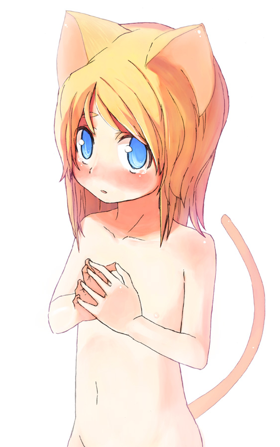 shuzoku fumei, copyright request, 1girl, animal ears, blonde hair, blue eyes, cat ears, cat tail, female focus, flat chest, loli, nipples, nude, solo, tail