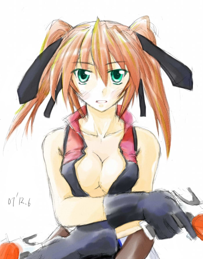 cross mirage, teana lanster, lyrical nanoha, mahou shoujo lyrical nanoha, mahou shoujo lyrical nanoha strikers, traditional media, 00s, 1girl, breasts, cleavage, dual wielding, female focus, gloves, green eyes, holding, medium breasts, no bra, red hair, solo, twintails