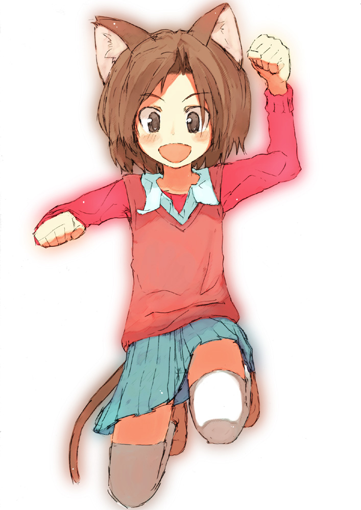 shuzoku fumei, animal ears, cat ears, cat tail, jersey, jumping, paw pose, skirt, solo, tail, thighhighs, zettai ryouiki