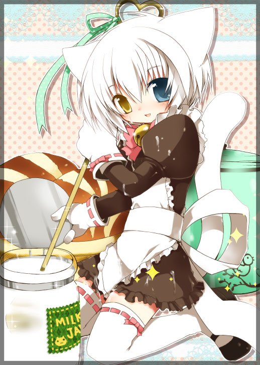 kamiyoshi rika, thoto, original, 1boy, animal ears, apron, bell, cat boy, cat ears, cat tail, cooking, crossdressing, crossdressing (mtf), food, gloves, heterochromia, maid, maid apron, male focus, male maid, mary janes, shoes, short hair, solo, tail, thighhighs, trap, white hair, zettai ryouiki