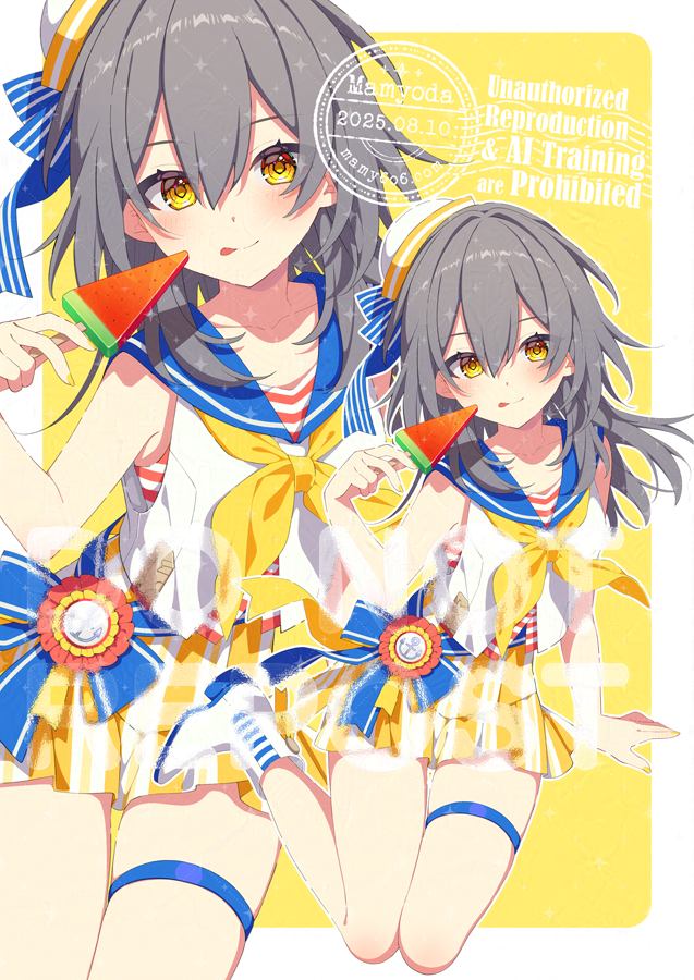 mamyouda, stelle (honkai: star rail), trailblazer (honkai: star rail), honkai: star rail, honkai (series), 1girl, artist name, blue sailor collar, blush, boots, dated, food, grey hair, hair between eyes, hat, holding, holding food, holding popsicle, long hair, looking at viewer, neckerchief, popsicle, sailor collar, shirt, simple background, skirt, sleeveless, sleeveless shirt, smile, thigh strap, thighs, tongue, tongue out, watermark, watermelon bar, white boots, white hat, white shirt, yellow background, yellow eyes, yellow neckerchief, yellow skirt, zoom layer