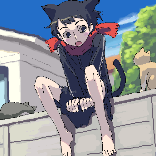 lowres, tagme, animal ears, cat, cat ears, oekaki, scarf, solo