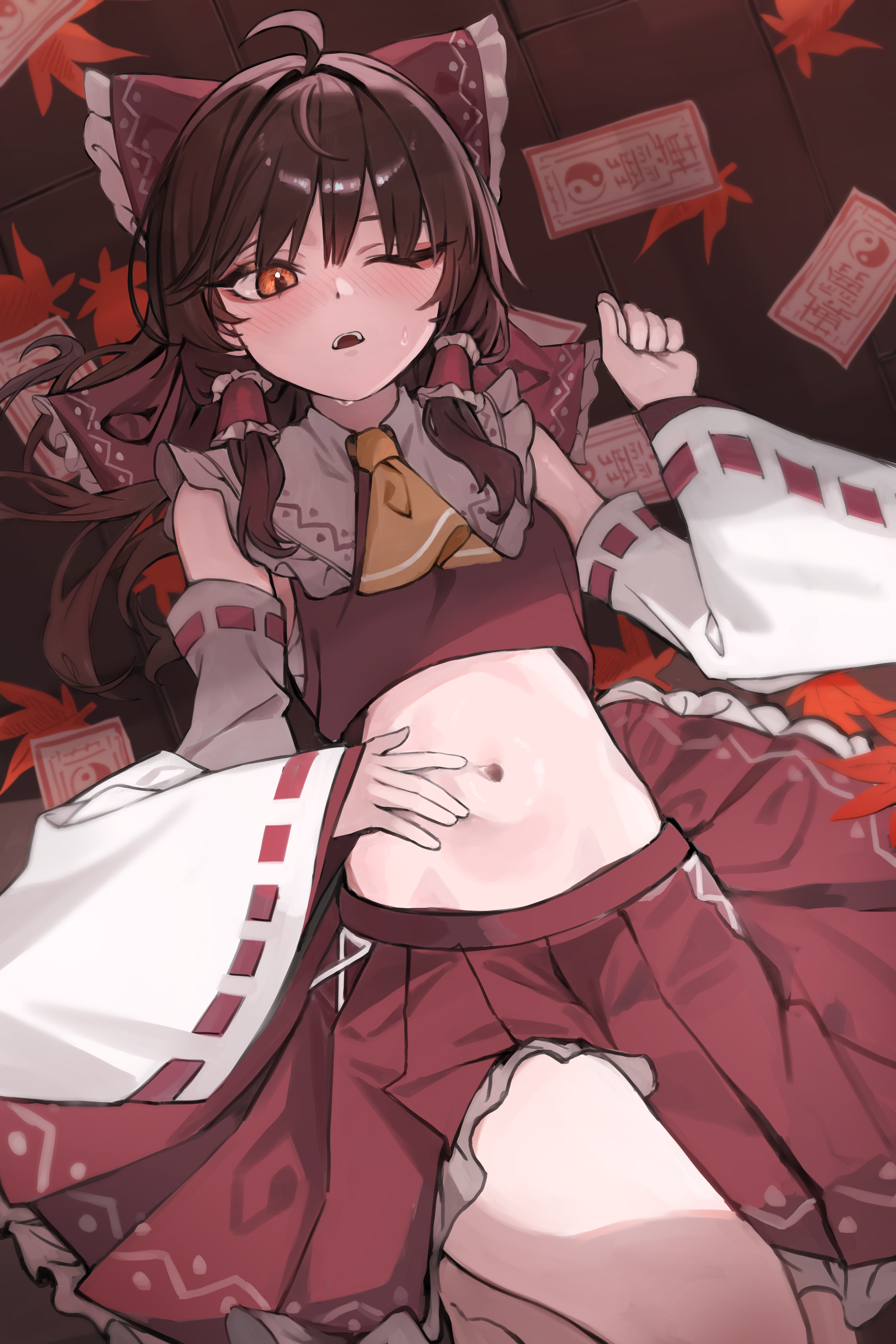 ka keo, hakurei reimu, touhou, absurdres, highres, 1girl, ahoge, blush, bow, brown hair, collar, detached sleeves, hair bow, hand on own stomach, japanese clothes, kimono, long hair, lying, navel, necktie, on back, one eye closed, open mouth, orange eyes, red bow, red kimono, red skirt, skirt, solo, stomach, sweat, teeth, upper teeth only, white collar, white sleeves, yellow necktie