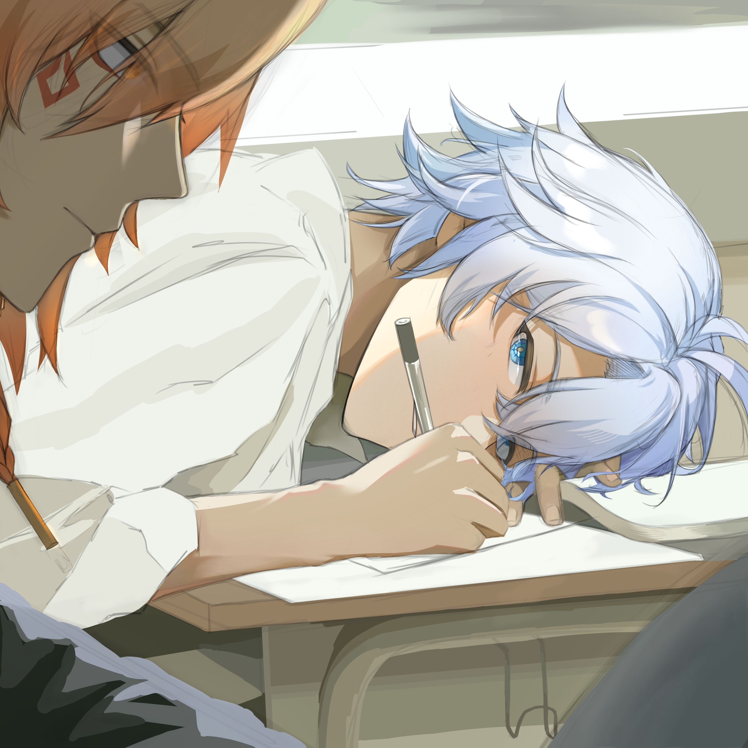 mydei (honkai: star rail), phainon (honkai: star rail), honkai: star rail, honkai (series), absurdres, chinese commentary, commentary request, highres, 2boys, antenna hair, blonde hair, blue eyes, braid, chair, gradient hair, head down, holding, holding pen, looking at another, male focus, multicolored hair, multiple boys, parted bangs, pen, red hair, school chair, shirt, short hair, side braid, white hair, white shirt, xinjinjumin798808406576, yaoi, yellow eyes