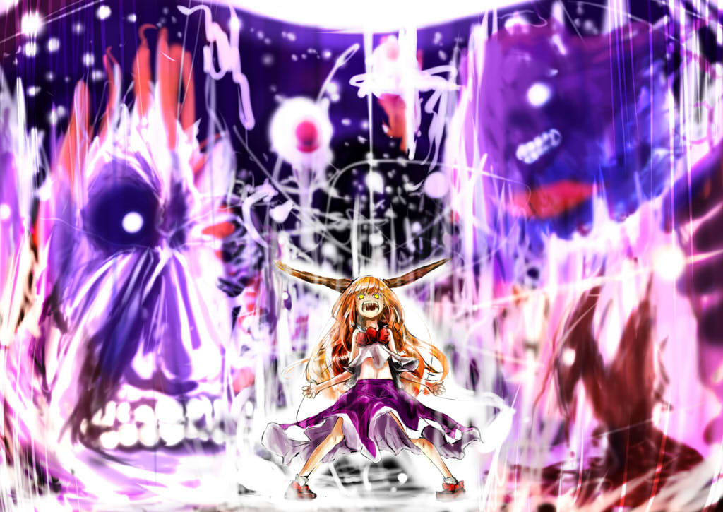 e.x.on, ibuki suika, touhou, 1girl, :o, bare shoulders, blue skirt, bow, bowtie, female focus, head back, horns, magic, oni, open mouth, red bow, red bowtie, shirt, skirt, sleeveless, sleeveless shirt, solo, standing, white shirt