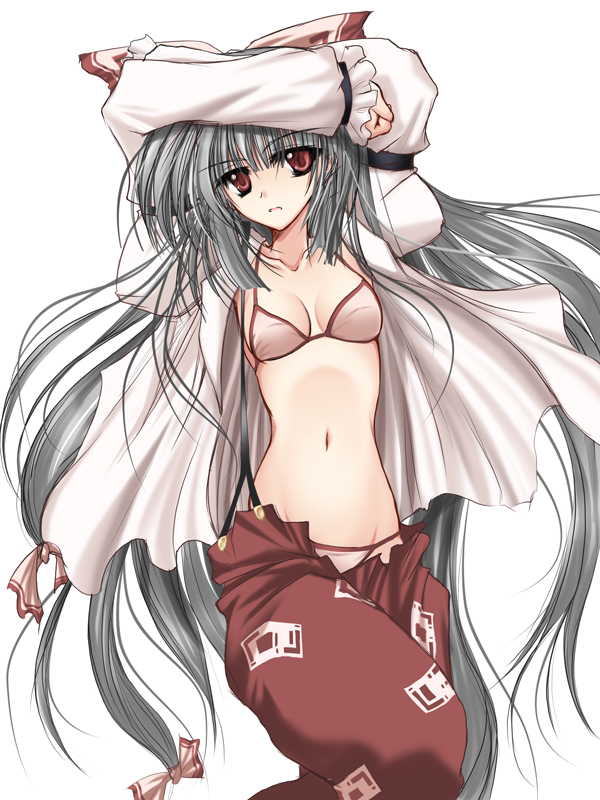 danshaku, fujiwara no mokou, touhou, 1girl, bikini, bra, female focus, grey hair, groin, lingerie, long hair, navel, open clothes, open shirt, red eyes, shirt, solo, swimsuit, underwear, very long hair