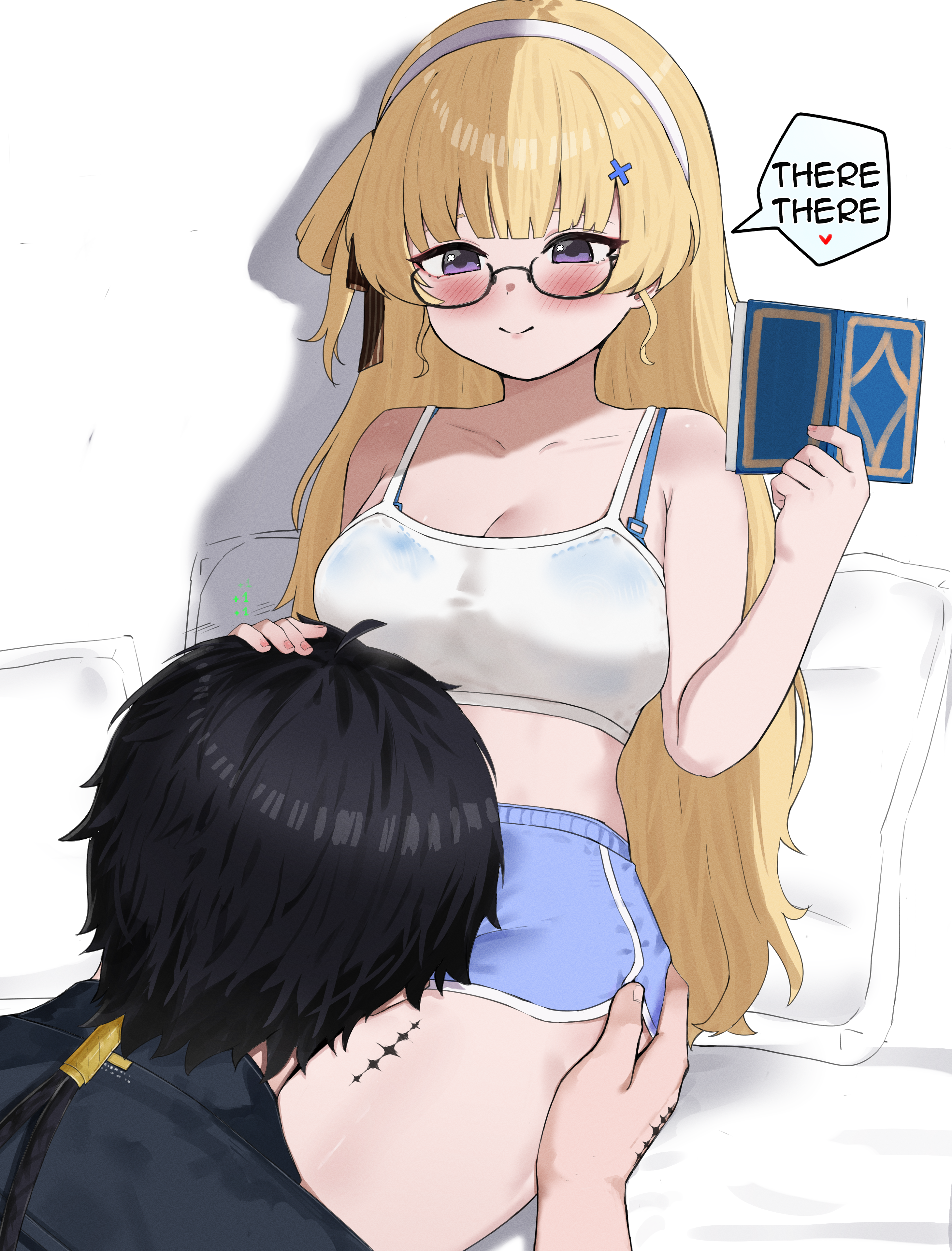 2na (blue2na), male rover (wuthering waves), phoebe (wuthering waves), rover (wuthering waves), wuthering waves, absurdres, bad id, bad pixiv id, commentary, highres, 1boy, 1girl, alternate costume, bare shoulders, bespectacled, black-framed eyewear, black hair, blonde hair, blue bra, blue shorts, blush, book, bra, bra strap, bra visible through clothes, closed mouth, collarbone, crop top, dolphin shorts, english text, glasses, hair ornament, hairband, headpat, holding, holding book, lap pillow, long hair, looking at another, open book, purple eyes, shorts, sitting, smile, tacet mark (wuthering waves), tank top, thighs, underwear, very long hair, white hairband, white tank top, x hair ornament