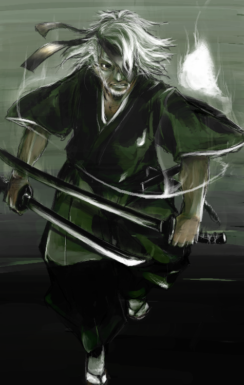 enpou, konpaku youki, touhou, 1boy, dotfight, male focus, oekaki, sandals, solo, sword, weapon