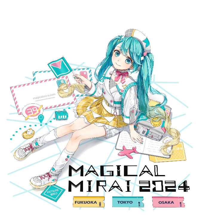 mallow (di fushang), hatsune miku, magical mirai miku, magical mirai miku (2024), magical mirai (vocaloid), vocaloid, commentary request, 1girl, blue eyes, blue hair, blush, bow, bowtie, closed mouth, flag, frilled skirt, frills, full body, hat, holding, holding flag, letter, long hair, long sleeves, looking at viewer, pink bow, pink bowtie, plaid clothes, plaid skirt, pleated skirt, shirt, shoes, simple background, sitting, skirt, smile, sneakers, socks, solo, striped bow, striped bowtie, striped clothes, twintails, white background, white hat, white shirt, white shoes, white socks, yellow skirt