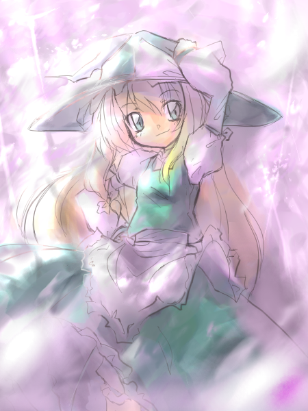 neki-t, kirisame marisa, touhou, 1girl, apron, blonde hair, blush, brown eyes, closed mouth, cowboy shot, dress, female focus, green dress, hat, juliet sleeves, long sleeves, looking at viewer, oekaki, puffy sleeves, smile, solo, standing, waist apron, witch hat