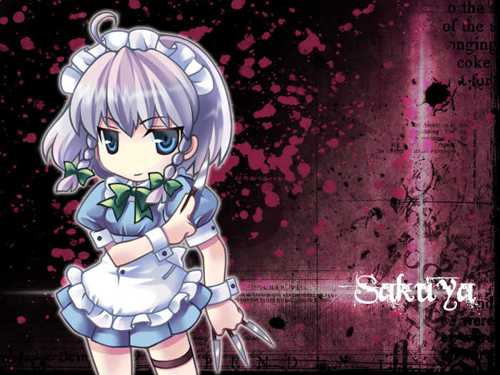 izayoi sakuya, touhou, silver hair, 1girl, between fingers, braid, chibi, female focus, holding, knife, short hair, solo, throwing knife, twin braids, weapon