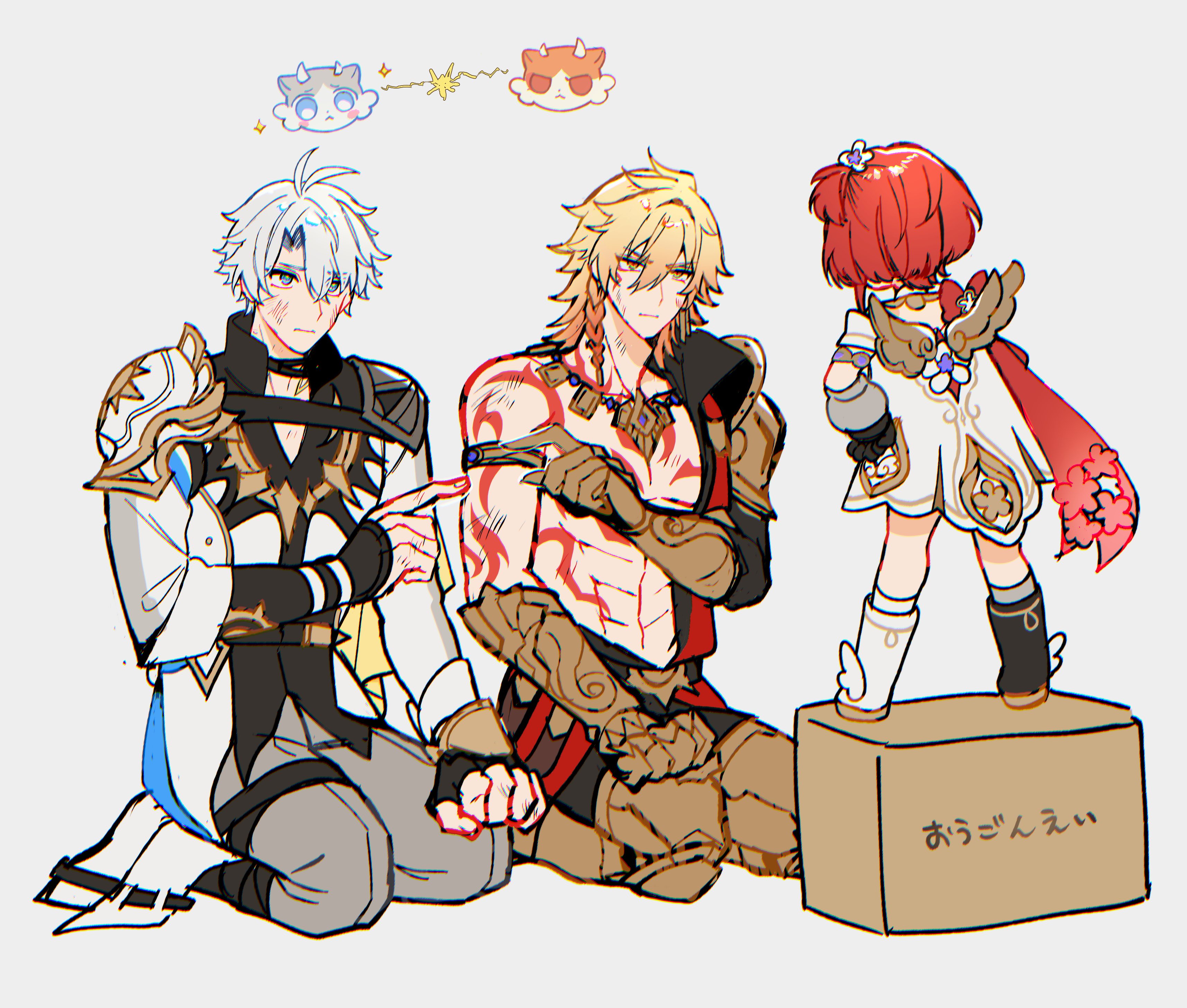 gurugnsn, mydei (honkai: star rail), phainon (honkai: star rail), phainon (vigethos) (honkai: star rail), tribbie (honkai: star rail), honkai: star rail, honkai (series), absurdres, highres, 1girl, 2boys, abs, angel wings, antenna hair, arm tattoo, armlet, armor, asymmetrical footwear, black boots, black choker, black coat, black gloves, black pants, black shirt, blonde hair, blue cape, blue eyes, boots, braid, cape, chest tattoo, choker, clawed gauntlets, coat, dress, earrings, facial tattoo, fingerless gloves, gloves, gold earrings, gold necklace, gradient hair, grey background, hair between eyes, jewelry, kneeling, male focus, medium hair, multicolored hair, multiple boys, mydei (fig stew) (honkai: star rail), necklace, open clothes, open coat, pants, parted bangs, pauldrons, pointing, pointing at another, red hair, red tattoo, shirt, short hair, shoulder armor, side braid, simple background, single glove, single pauldron, tattoo, toned, toned male, white boots, white coat, white dress, white hair, wings, yellow eyes