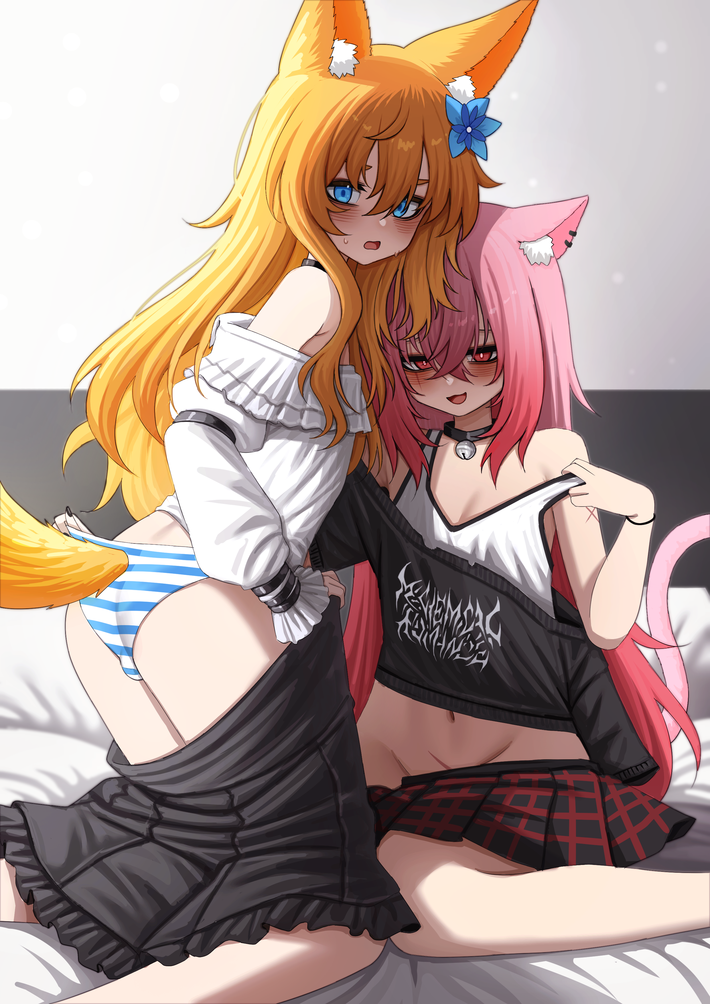 lobsteranian, original, absurdres, commission, highres, 2girls, animal ear fluff, animal ears, bags under eyes, bell, black choker, black nails, black shirt, black skirt, blue eyes, blue flower, blue panties, blush, cat ears, cat girl, cat tail, choker, ear piercing, flower, fox ears, fox girl, fox tail, goth fashion, hair flower, hair ornament, jingle bell, kneeling, multiple girls, navel, neck bell, no panties, off-shoulder shirt, off shoulder, open mouth, orange hair, panties, piercing, pink hair, plaid clothes, plaid skirt, red eyes, shirt, single bare shoulder, sitting, skirt, striped clothes, striped panties, sweatdrop, tail, tank top, underwear, wariza, white shirt, white tank top, yuri