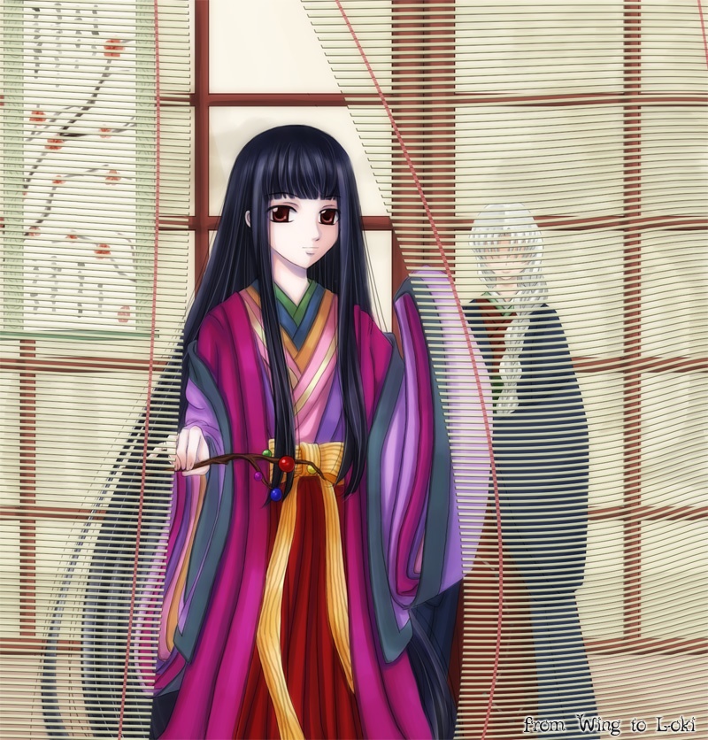 houraisan kaguya, yagokoro eirin, touhou, 2girls, black hair, female focus, heian, hime cut, japanese clothes, karaginu mo, kimono, layered clothes, layered kimono, long hair, multiple girls, very long hair