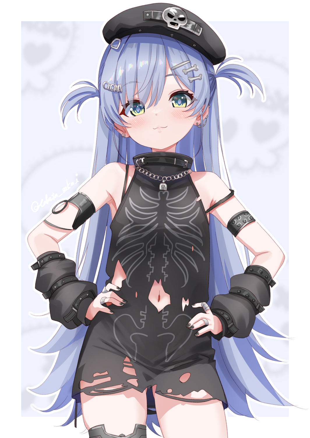 toketa-sekai, yano kuromu, vspo!, highres, 1girl, bare shoulders, black arm warmers, black nails, blue eyes, blue hair, bone hair ornament, ear chain, hair ornament, hat, hat ornament, inhaler, jewelry, linked piercing, long hair, looking at viewer, navel, piercing, ring, shirt, simple background, single thighhigh, skeleton print, skull hat ornament, sleeveless, smile, solo, thighhighs, torn clothes, torn shirt, virtual youtuber, white background