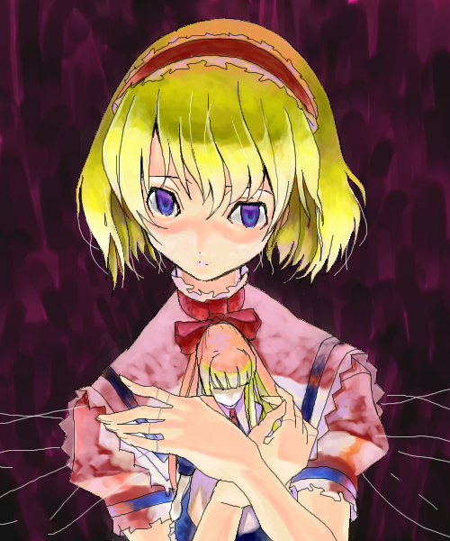 alice margatroid, shanghai doll, touhou, 1girl, blonde hair, blue eyes, crossed arms, doll, faceless, female focus, frills, hairband, looking at viewer, oekaki, puffy short sleeves, puffy sleeves, shaded face, short hair, short sleeves, solo, suspenders