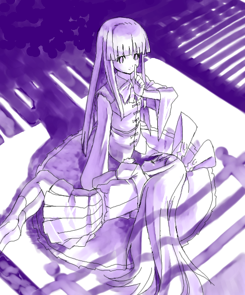 houraisan kaguya, reisen udongein inaba, touhou, 2girls, animal ears, female focus, lap pillow, monochrome, multiple girls, oekaki, purple theme, rabbit ears, sleeping