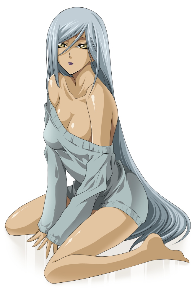 jyuru, villetta nu, code geass, non-web source, 00s, 1girl, bare shoulders, barefoot, breasts, cleavage, dark-skinned female, dark skin, female focus, grey hair, kneeling, large breasts, long hair, long sleeves, naked sweater, sleeves past wrists, solo, sweater, yellow eyes