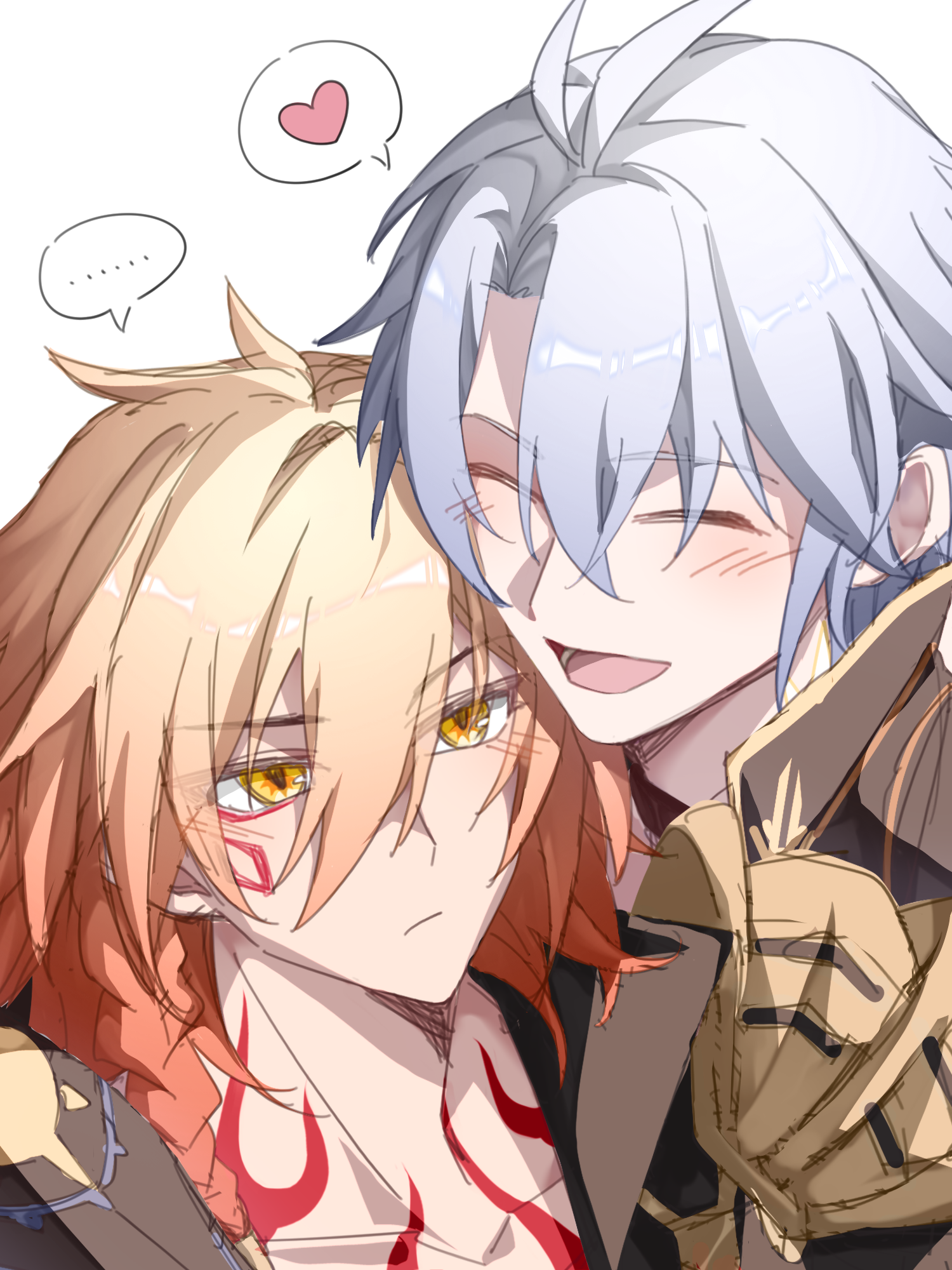 mydei (honkai: star rail), phainon (honkai: star rail), honkai: star rail, honkai (series), chinese commentary, commentary request, highres, …, 2boys, antenna hair, arm around shoulder, black choker, black coat, black shirt, blonde hair, blush, braid, chest tattoo, choker, closed eyes, coat, facial tattoo, gradient hair, hair between eyes, heart, male focus, medium hair, multicolored hair, multiple boys, open clothes, open coat, red hair, red tattoo, shirt, short hair, side braid, simple background, spoken ellipsis, spoken heart, tattoo, white background, white hair, yaoi, yellow eyes, yntk-rei