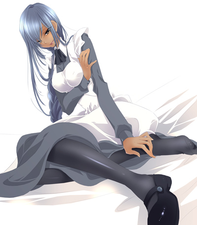 villetta nu, code geass, lowres, non-web source, 00s, 1girl, alternate costume, dark-skinned female, dark skin, enmaided, female focus, maid, pantyhose, shoes, single shoe, sitting, solo