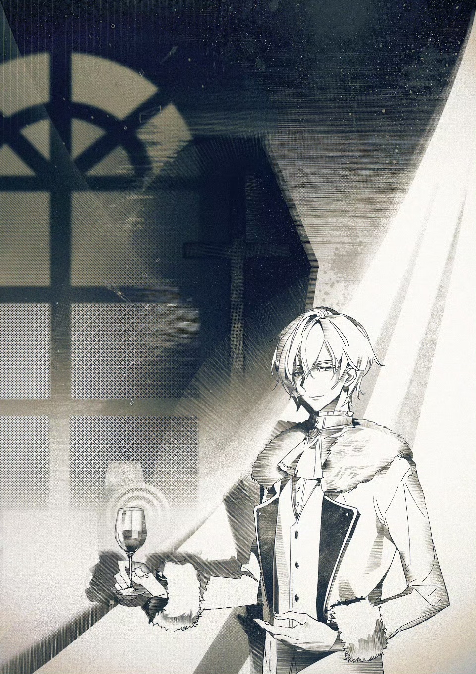 kaito (vocaloid), vocaloid, highres, 1boy, ascot, beret cj, brooch, cup, drinking glass, formal clothes, fur-trimmed collar, fur trim, fur wrist cuffs, greyscale, hair between eyes, holding, holding cup, jewelry, light particles, light smile, looking at viewer, male focus, monochrome, short hair, solo, vest, window, wine glass, wrist cuffs