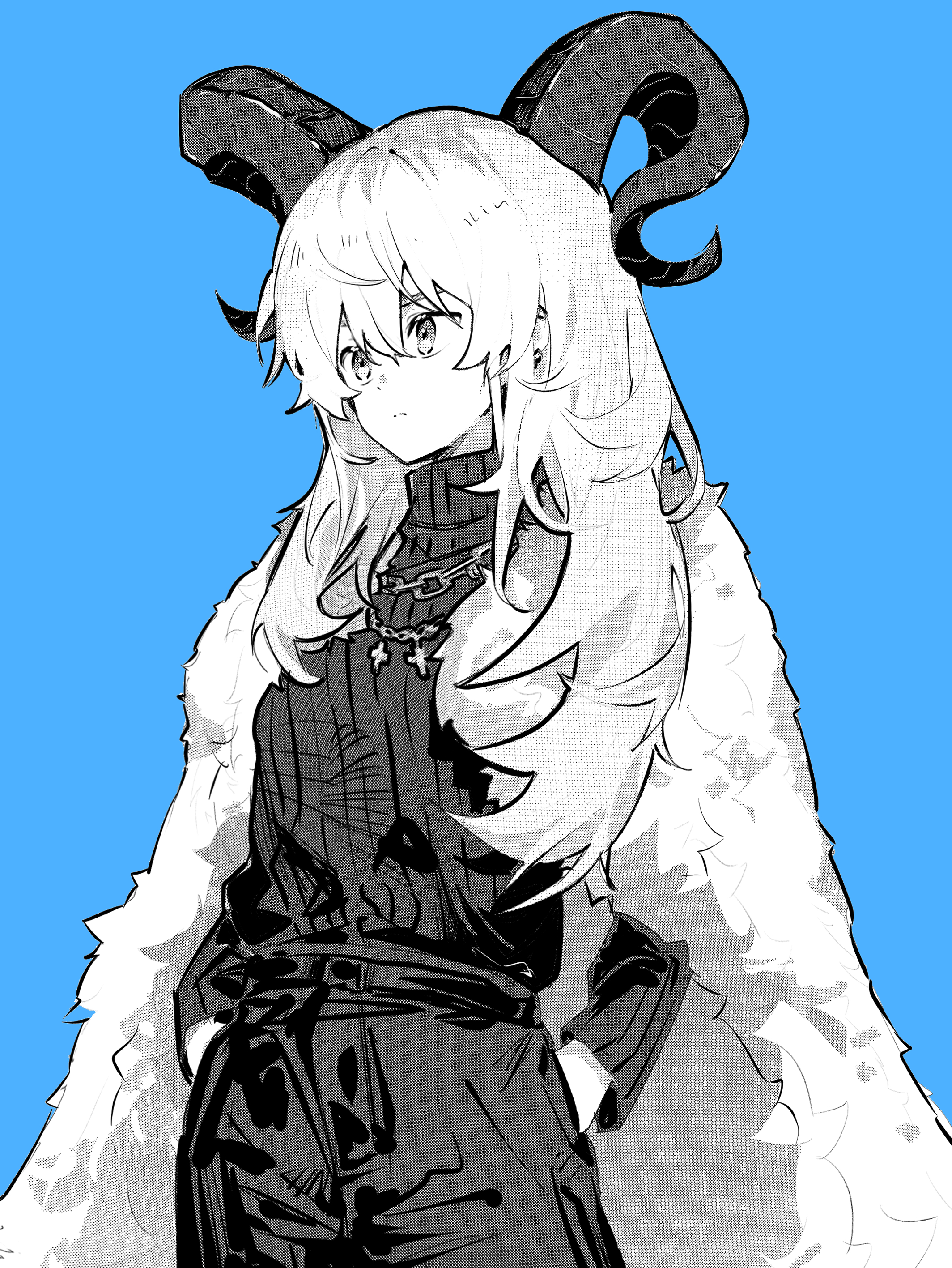 ydpfa, kawaragi momoka, girls band cry, absurdres, commentary, hashtag-only commentary, highres, 1girl, blue background, cape, girls band cry rpg, greyscale with colored background, hands in pockets, long hair, long sleeves, multicolored hair, roots (hair), simple background, solo, sweater