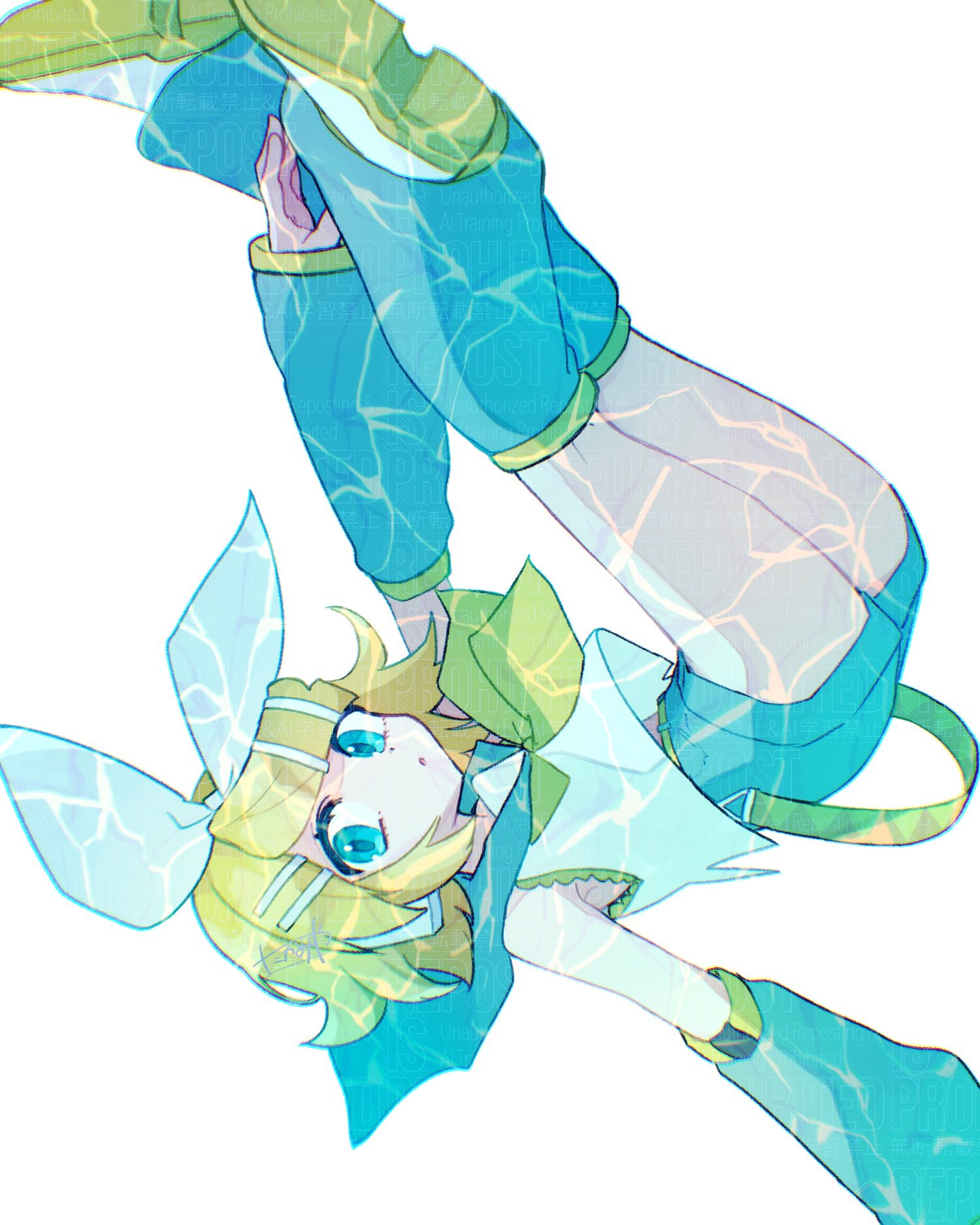 takamiya yuu, kagamine rin, vocaloid, hashtag-only commentary, highres, 1girl, arm warmers, blonde hair, blue eyes, blue sailor collar, blue shorts, bow hairband, full body, hair ornament, hairband, hairclip, leg warmers, legs up, looking at viewer, neckerchief, parallel hairclips, parted lips, sailor collar, shirt, shoes, short hair, shorts, simple background, sleeveless, sleeveless shirt, solo, white background, white hairband, white shirt, white shoes, yellow neckerchief