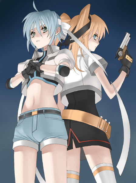 subaru nakajima, teana lanster, lyrical nanoha, mahou shoujo lyrical nanoha, mahou shoujo lyrical nanoha strikers, non-web source, 00s, 2girls, back-to-back, black gloves, blonde hair, blue eyes, blue hair, crossed arms, denim, denim shorts, gloves, gun, handgun, holding, holding gun, holding weapon, long hair, looking at viewer, midriff, multiple girls, navel, pistol, short hair, shorts, standing, stomach, thighhighs, trigger discipline, very long hair, weapon