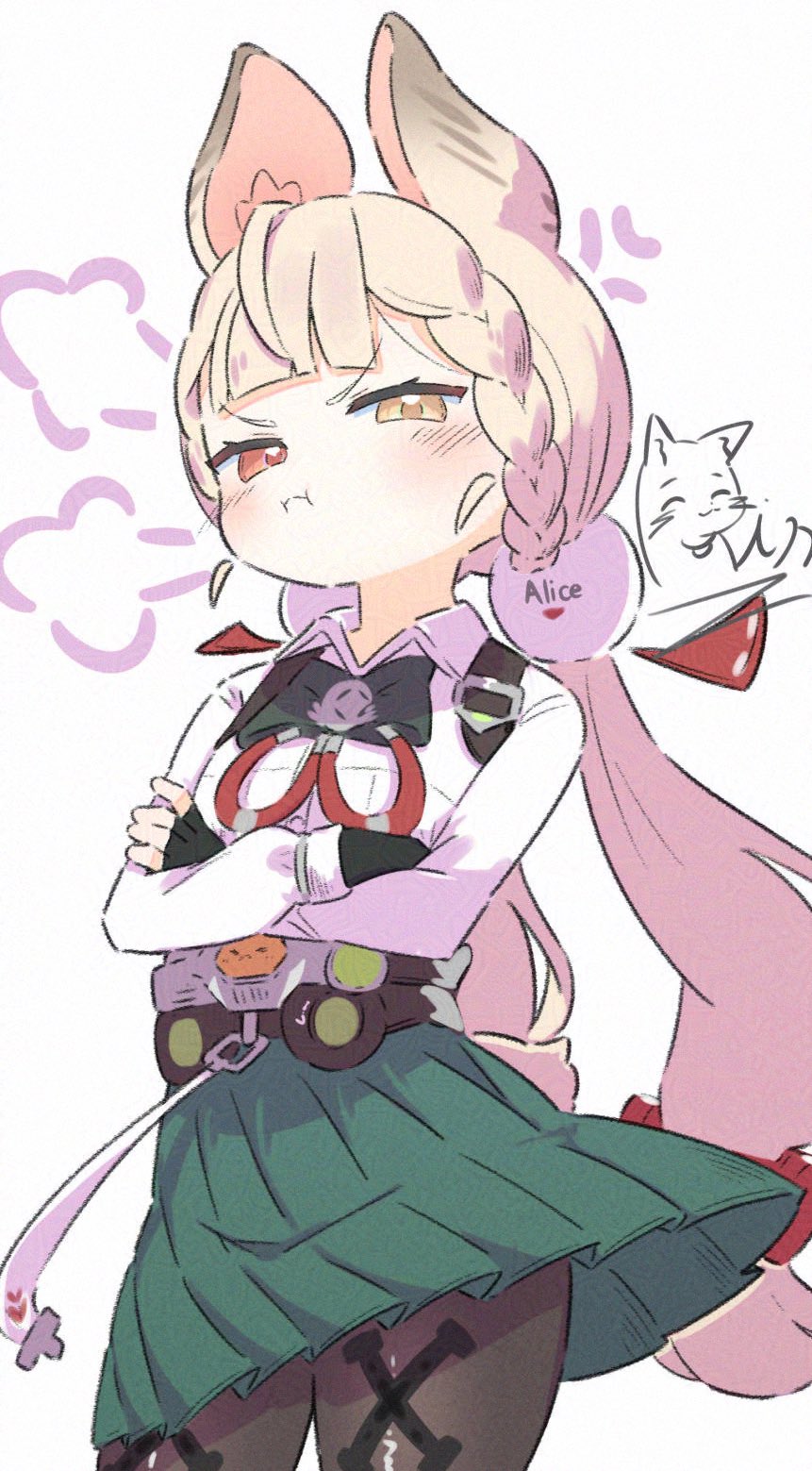 inaririn, alice thymefield, zenless zone zero, adversarial noise, highres, 1girl, :t, anger vein, animal ears, black gloves, black pantyhose, blonde hair, blush, braid, brown pantyhose, closed mouth, collared shirt, cowboy shot, crossed arms, fingerless gloves, gloves, green skirt, heterochromia, long hair, long sleeves, looking at viewer, low twintails, pantyhose, pleated skirt, pout, rabbit ears, rabbit girl, red eyes, red ribbon, ribbon, shirt, simple background, skirt, solo, tail, twintails, very long hair, white background, white shirt, yellow eyes