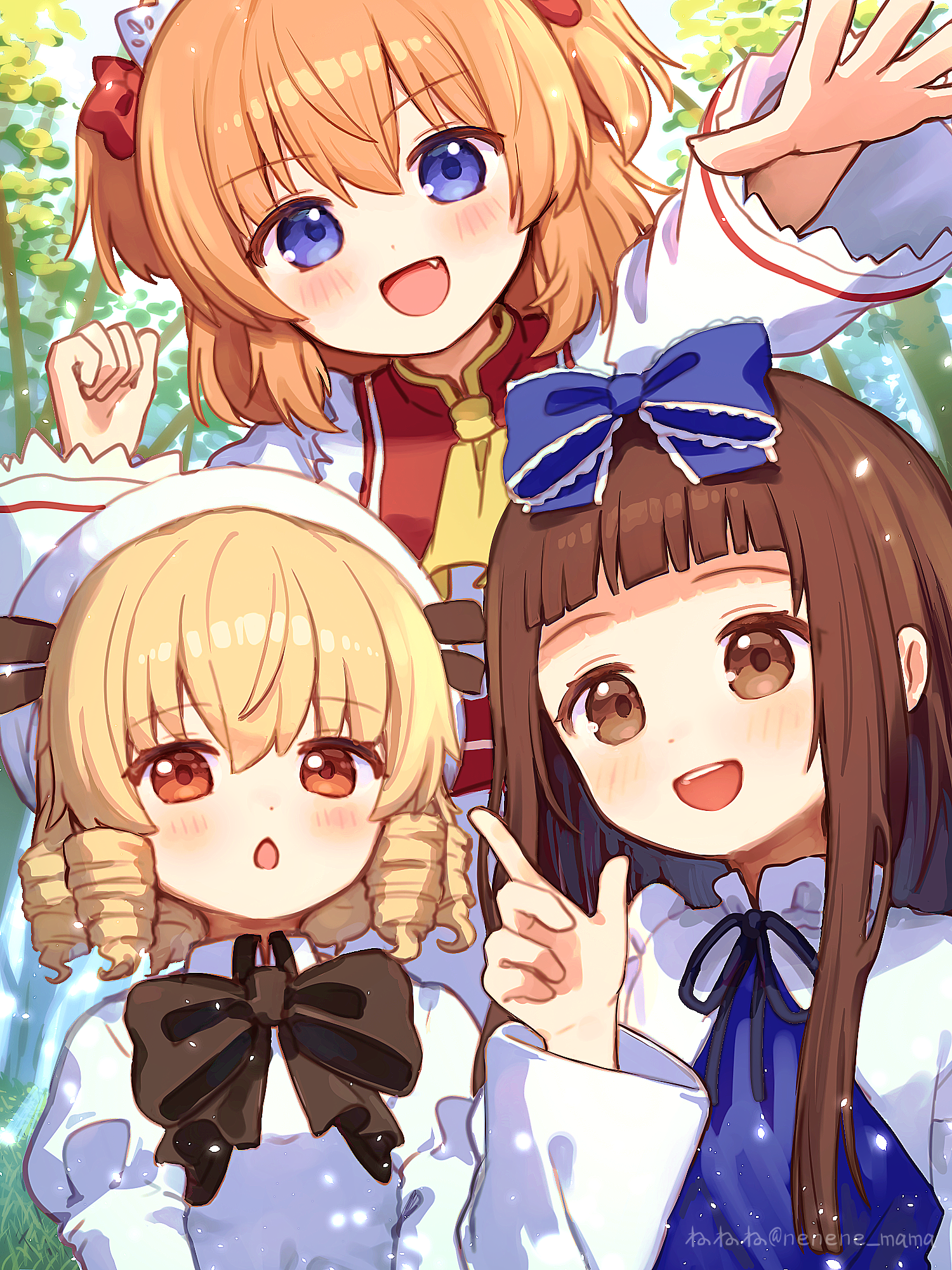 nene man, luna child, star sapphire, sunny milk, touhou, commentary request, highres, 3girls, :d, artist name, ascot, black ribbon, blonde hair, blue bow, blunt bangs, blush, bow, bowtie, brown bow, brown bowtie, brown eyes, brown hair, collared dress, day, dress, drill hair, fang, hair bow, hand up, hat, index finger raised, long hair, long sleeves, looking at viewer, multiple girls, neck ribbon, open mouth, orange hair, outdoors, outstretched arm, purple eyes, red bow, red eyes, red vest, ribbon, shirt, short hair, smile, twitter username, two side up, upper body, vest, white dress, white hat, white shirt, yellow ascot
