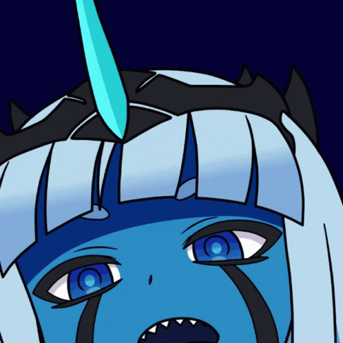001 (darling in the franxx), darling in the franxx, animated, animated gif, blue eyes, blue hair, blue skin, bouncing, colored skin, facial mark, klaxosaur, sharp teeth, teeth, tongue, tongue out