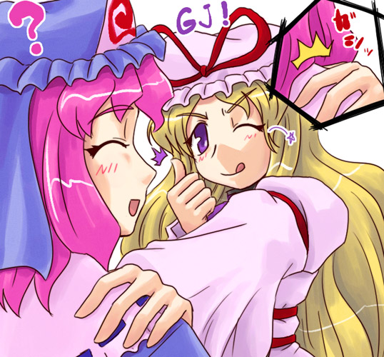 sasuke (sasuke no sato), saigyouji yuyuko, yakumo yukari, touhou, 2girls, female focus, hat, multiple girls, thumbs up, upper body, wink