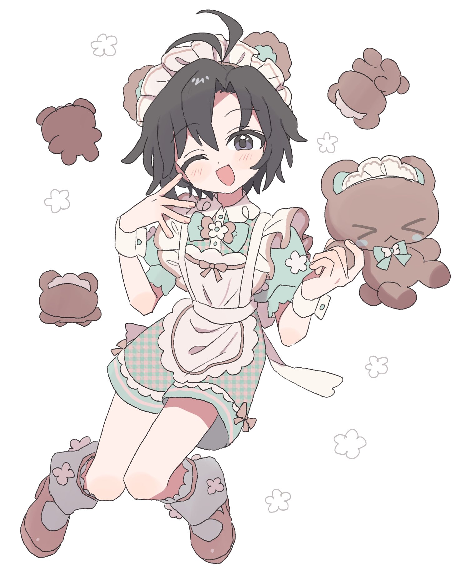 pnt 0202, kikuchi makoto, idolmaster, idolmaster (classic), highres, 1girl, :d, ant, apron, black eyes, black hair, blush, bug, floating, full body, hands up, insect, looking at viewer, maid, maid apron, maid headdress, one eye closed, open mouth, puffy short sleeves, puffy sleeves, shoes, short hair, short sleeves, simple background, smile, socks, solo, stuffed animal, stuffed toy, teddy bear, white background