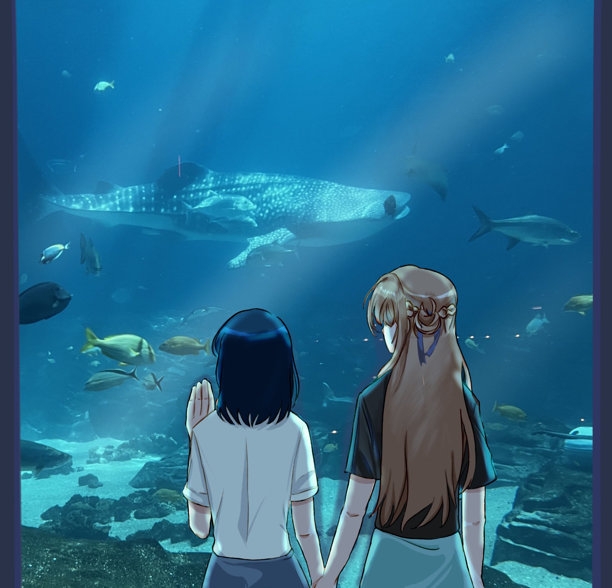 elephon, miyagi shiori, sendai hazuki, shuuniichido classmate wo kau hanashi, commentary, english commentary, highres, 2girls, aquarium, black shirt, blue hair, blue ribbon, blue skirt, braid, brown hair, from behind, hair ribbon, half up braid, medium hair, multiple girls, photo background, ribbon, shirt, short sleeves, skirt, white shirt, yuri