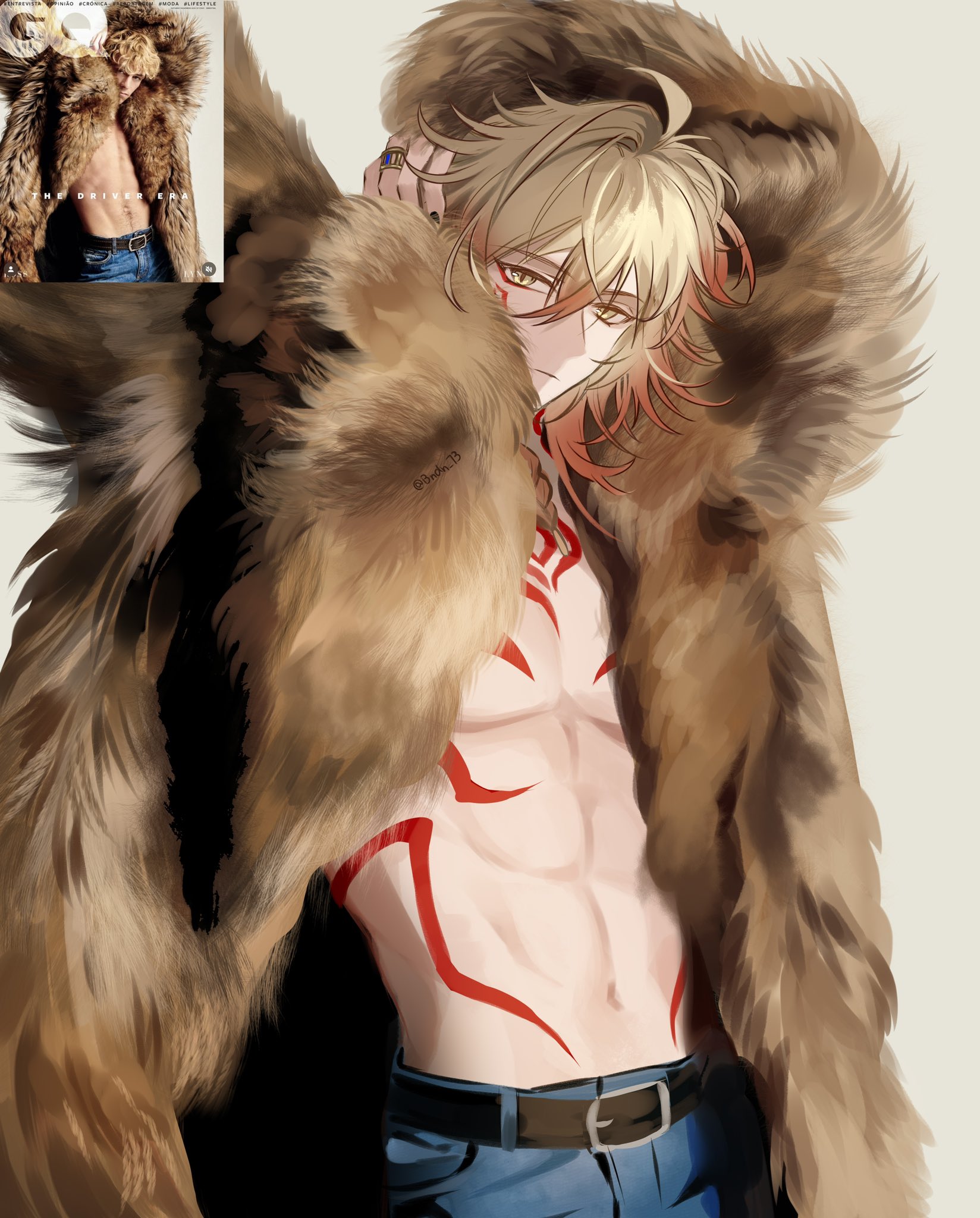 mydei (honkai: star rail), honkai: star rail, honkai (series), hashtag-only commentary, highres, photo-referenced, 1boy, 9ea1u, abs, bare pectorals, belt, blonde hair, braid, brown belt, brown coat, chest tattoo, coat, denim, facial tattoo, gradient hair, hair between eyes, jeans, male focus, medium hair, multicolored hair, naked coat, open clothes, open coat, pants, pectorals, photo inset, red hair, red tattoo, reference inset, side braid, solo, tattoo, toned, toned male, yellow eyes