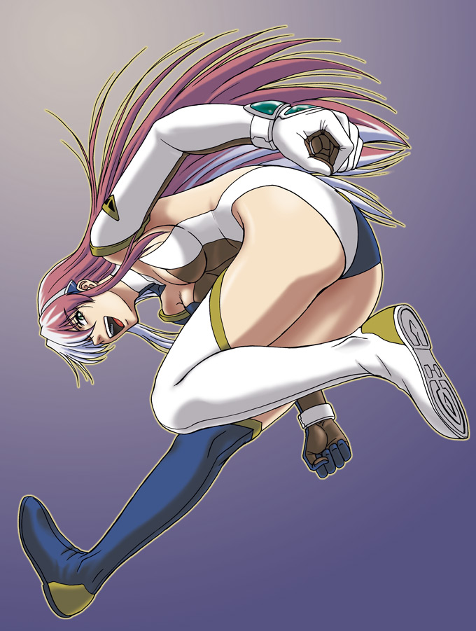 misnon the great, birdy cephon altera, tetsuwan birdy, tetsuwan birdy decode, >:d, 00s, 1girl, :d, ass, asymmetrical footwear, bare shoulders, blue boots, boots, breasts, cleavage, clenched hand, detached collar, elbow gloves, female focus, from behind, from below, full body, gloves, hairband, leotard, long hair, looking at viewer, looking down, medium breasts, mismatched footwear, multicolored hair, open mouth, outline, pink hair, smile, solo, split-color hair, streaked hair, teeth, thigh boots, thighhighs, v-shaped eyebrows, very long hair, white boots, white gloves, white hair, white hairband