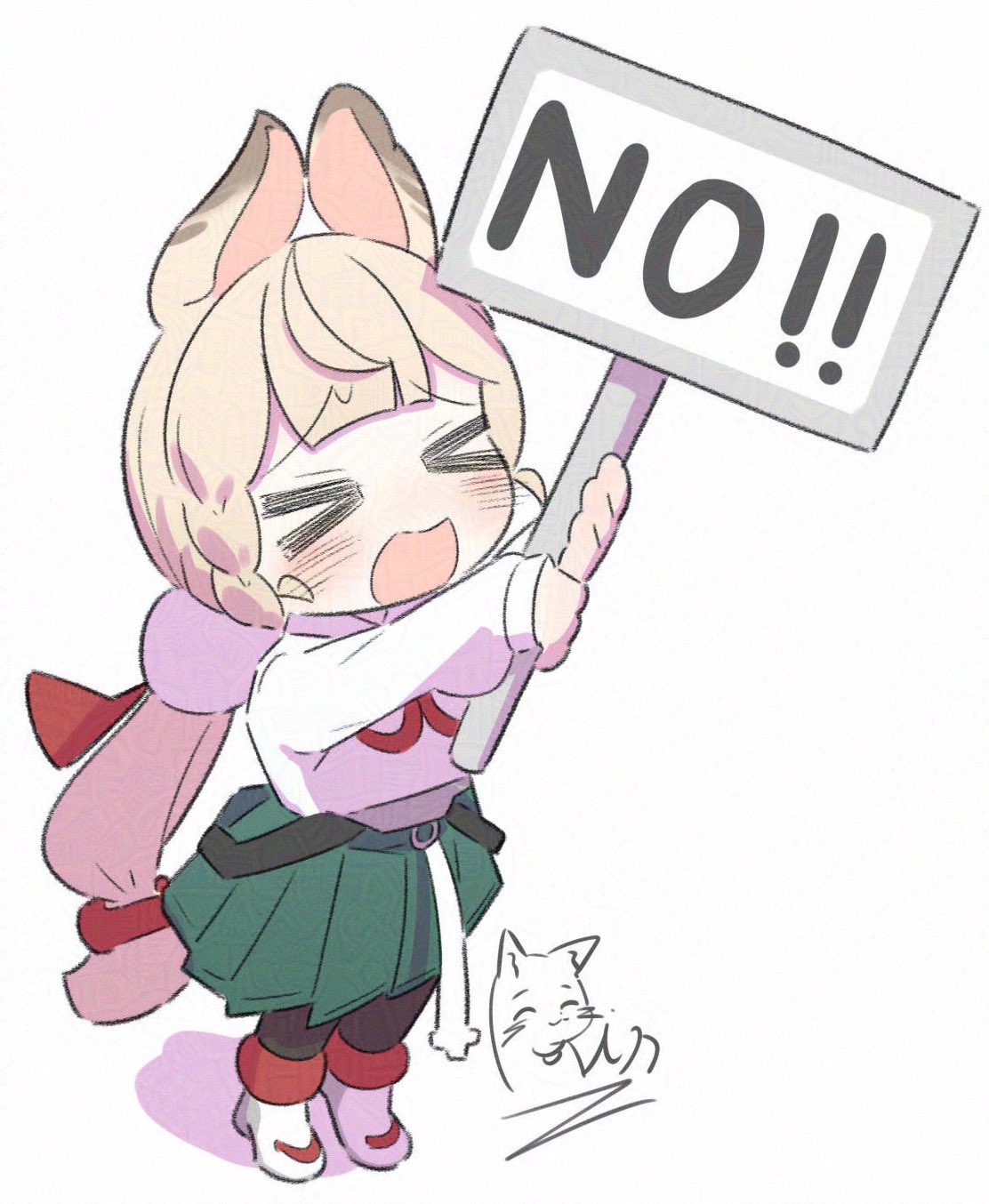 inaririn, alice thymefield, zenless zone zero, adversarial noise, highres, > <, 1girl, animal ears, black pantyhose, blonde hair, blush, boots, braid, chibi, closed eyes, full body, green skirt, hair ornament, holding, holding sign, long hair, long sleeves, open mouth, pantyhose, pleated skirt, rabbit ears, shadow, shirt, sign, signature, simple background, skirt, solo, standing, very long hair, white background, white shirt