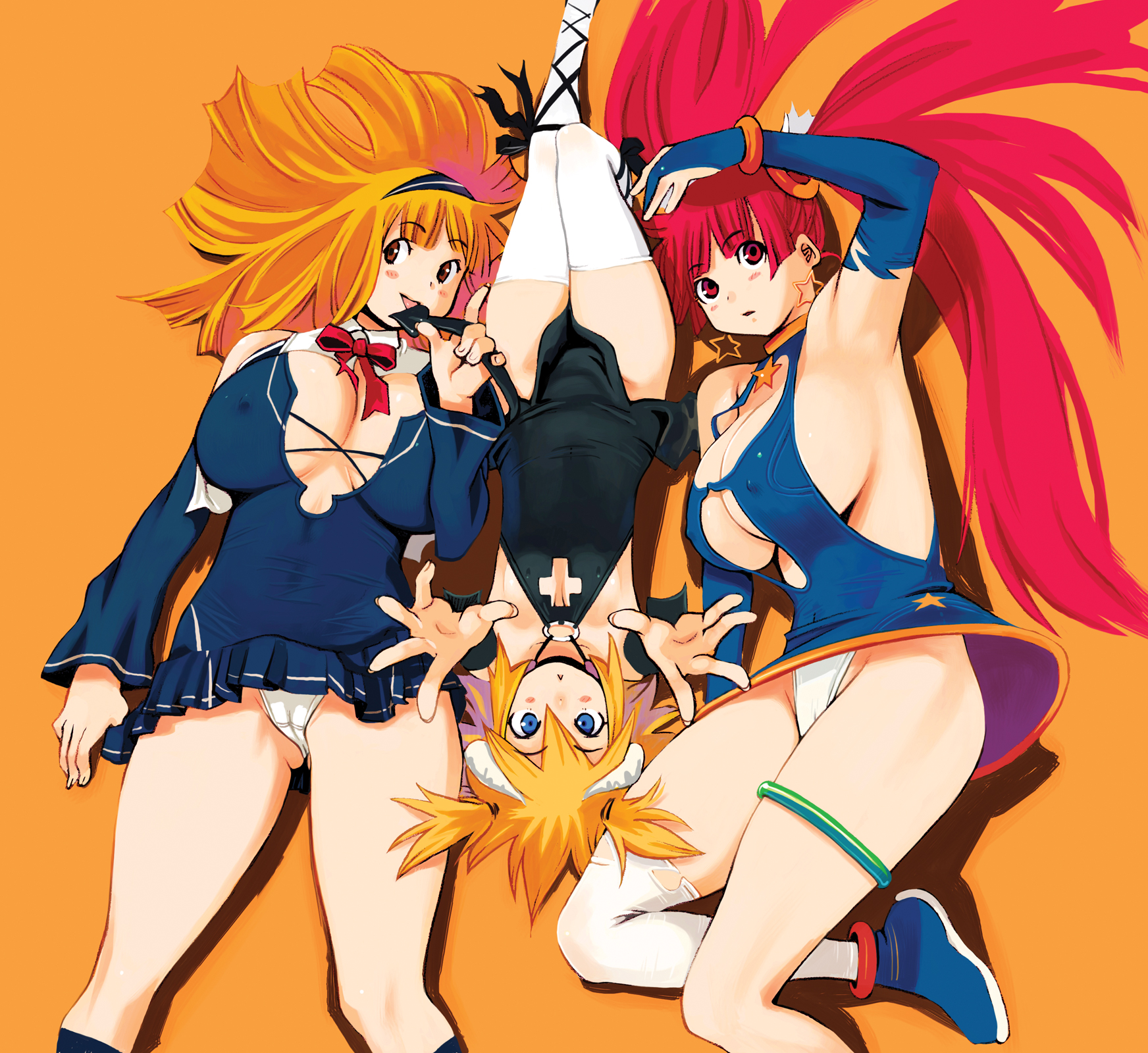 ryoji (nomura ryouji), original, white legwear, highres, 3girls, breasts, cleavage, cleavage cutout, clothing cutout, demon girl, everyone, hip focus, huge breasts, large breasts, long hair, majima ryoji, multiple girls, orange background, panties, red hair, sideboob, thigh strap, thighhighs, thighs, underwear, very long hair, wide hips