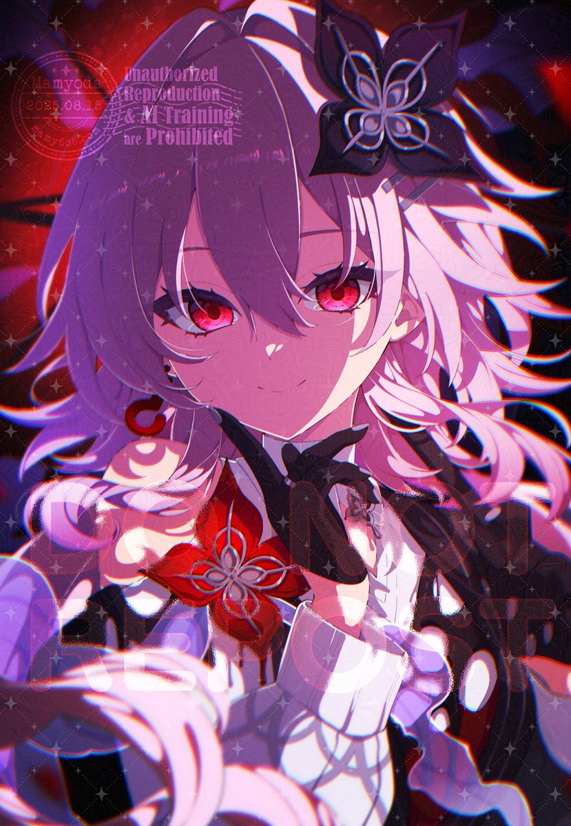mamyouda, evernight (honkai: star rail), march 7th (honkai: star rail), honkai: star rail, honkai (series), commentary request, highres, 1girl, artist name, black dress, black flower, black gloves, closed mouth, dated, dress, finger to cheek, flower, flower ornament, gloves, hair between eyes, hair flower, hair ornament, hairclip, long hair, long sleeves, looking at viewer, official alternate costume, pink hair, red eyes, shirt, smile, solo, watermark