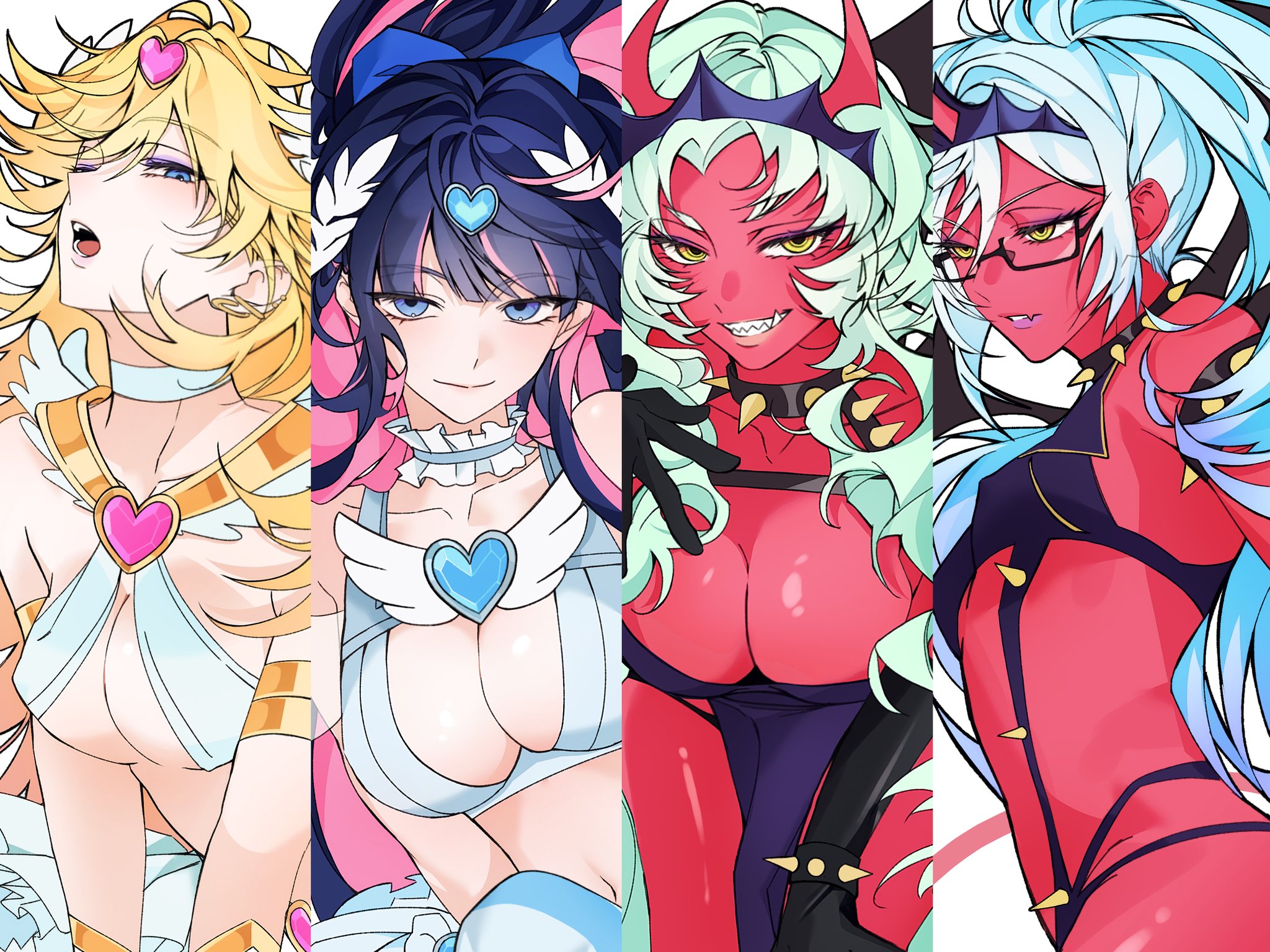 nyugi0v0, kneesocks (psg), panty (psg), scanty (psg), stocking (psg), panty & stocking with garterbelt, hashtag-only commentary, highres, 4girls, angel, angel and devil, armlet, blonde hair, blue eyes, blue hair, breasts, center opening, cleavage, collar, colored skin, demon girl, demon horns, glasses, green hair, grin, horns, jewelry, large breasts, long hair, looking at viewer, multicolored hair, multiple girls, pink hair, ponytail, purple eyes, red skin, sharp teeth, siblings, sisters, smile, spiked armlet, spiked collar, spikes, teeth, two-tone hair, yellow eyes