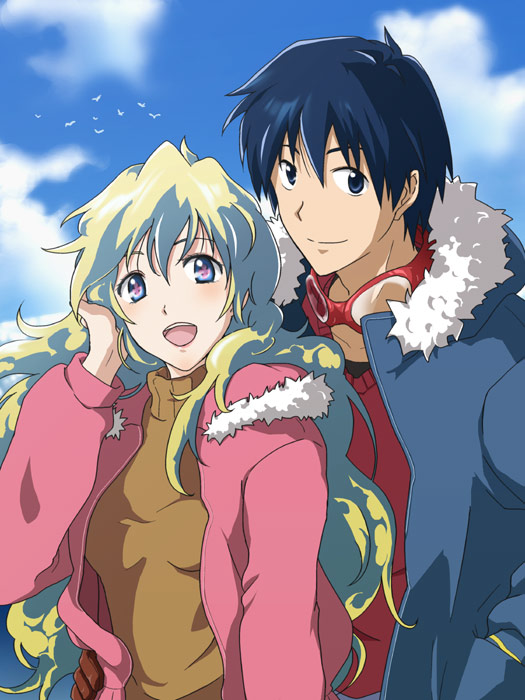 nia teppelin, simon (ttgl), tengen toppa gurren lagann, + +, 00s, 1boy, 1girl, :d, alternate costume, animal, blonde hair, blue eyes, blue hair, blue jacket, blue sky, brown sweater, casual, closed mouth, couple, cross-shaped pupils, day, fur trim, goggles, goggles around neck, gradient hair, green hair, hair between eyes, hand in own hair, hand in pocket, hetero, jacket, long sleeves, looking at viewer, multicolored hair, open mouth, outdoors, pink jacket, red-framed eyewear, sky, smile, sweater, symbol-shaped pupils, tareme, turtleneck, turtleneck sweater, upper body