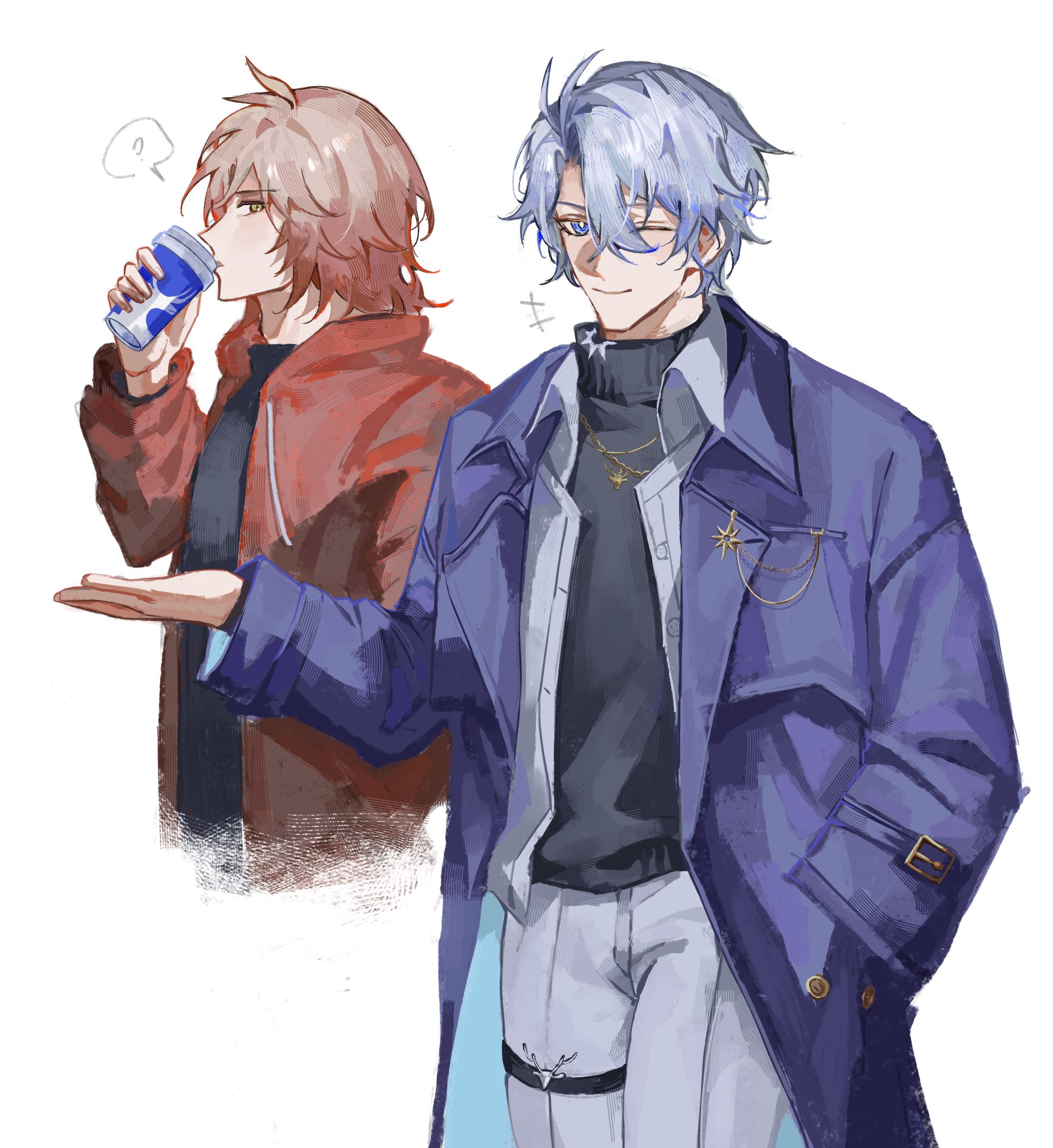 mydei (honkai: star rail), phainon (honkai: star rail), honkai: star rail, honkai (series), highres, 2boys, ?, antenna hair, black shirt, black sweater, blonde hair, blue eyes, coat, collared shirt, cup, disposable coffee cup, disposable cup, eva0951120, gradient hair, holding, holding cup, hood, hood down, hoodie, male focus, multicolored hair, multiple boys, official alternate costume, one eye closed, open clothes, open coat, pants, parted bangs, phainon (luckin coffee) (honkai: star rail), purple coat, red hair, red hoodie, shirt, short hair, spoken question mark, sweater, turtleneck, turtleneck sweater, white hair, white pants, white shirt, yellow eyes