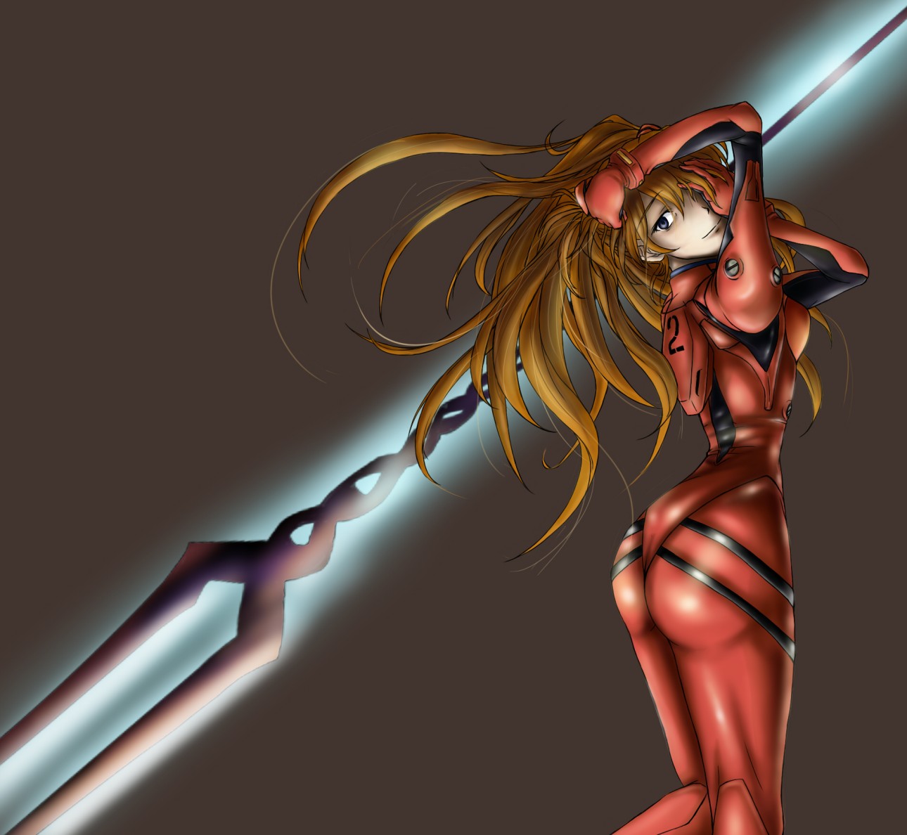 azu (warehouse86), souryuu asuka langley, neon genesis evangelion, 1girl, ass, bident, bracer, brown hair, curvy, female focus, from side, grey background, hair between eyes, hand on own head, head tilt, huge ass, kneepits, lance of longinus (evangelion), legs together, long hair, looking at viewer, looking back, mecha pilot suit, narrow waist, one eye covered, parted bangs, plugsuit (evangelion), polearm, simple background, skin tight, solo, standing, very long hair, weapon, wide hips
