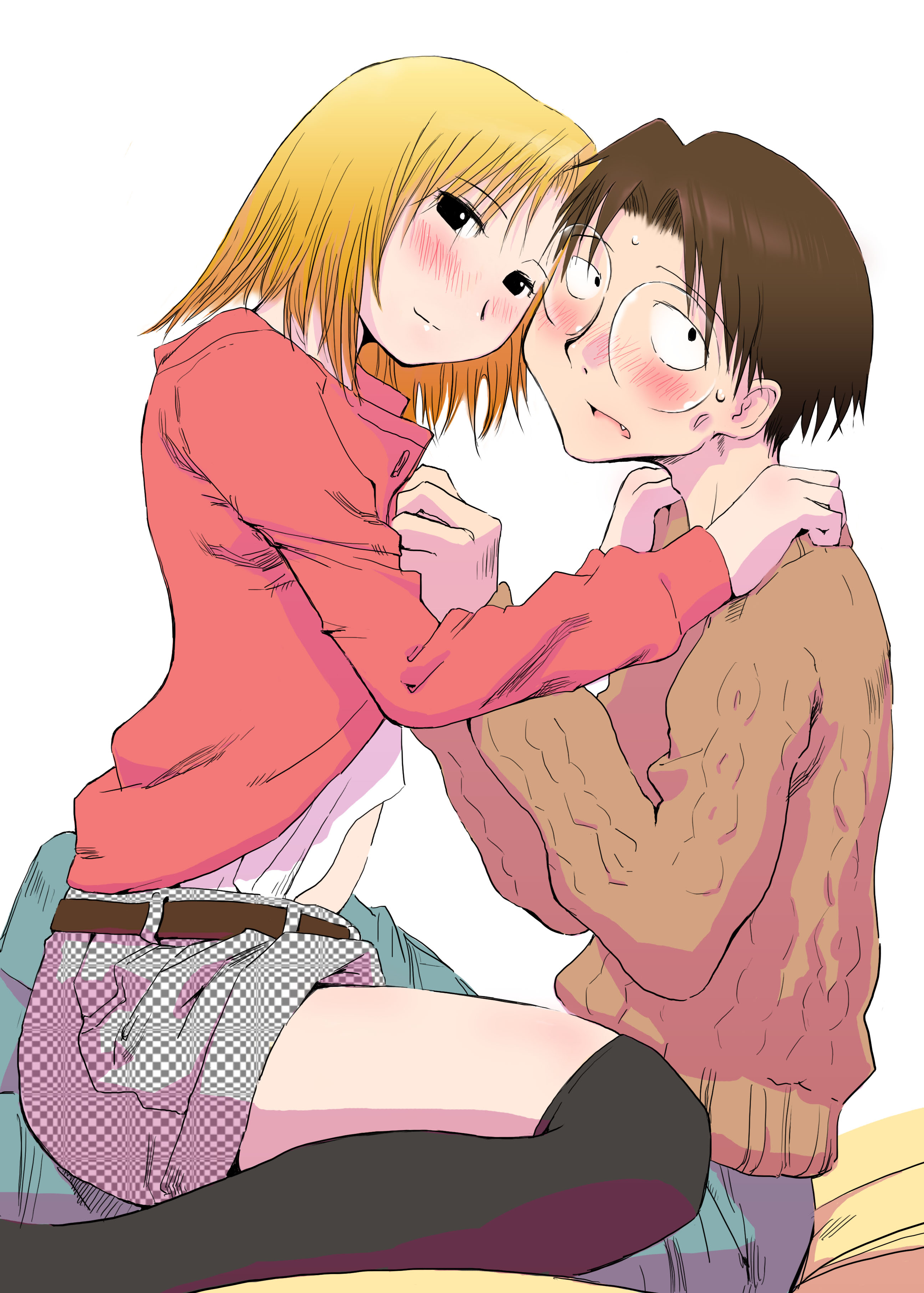 zasha, kasukabe saki, madarame harunobu, genshiken, absurdres, highres, 00s, 1boy, 1girl, black eyes, blonde hair, blush, brown hair, fang, glasses, good end, otaku, over-kneehighs, shorts, sweat, thighhighs, undressing, unmoving pattern, zettai ryouiki